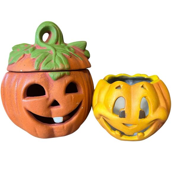 Vtg Terra Cotta Jack o Lantern Tea Light Holder Halloween Decor - Picture 8 of 9